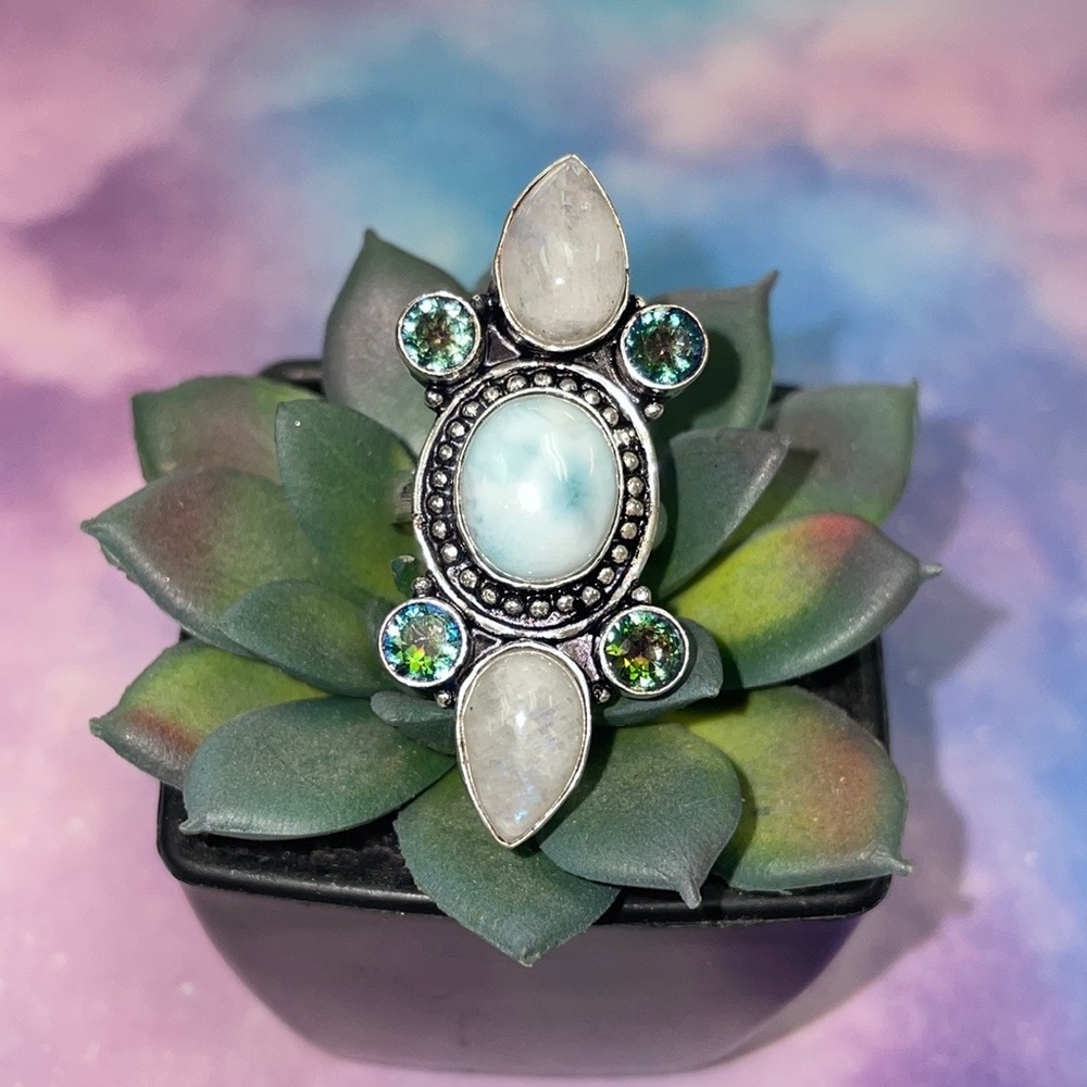 Larimar & Moonstone & Mystic Topaz Ring